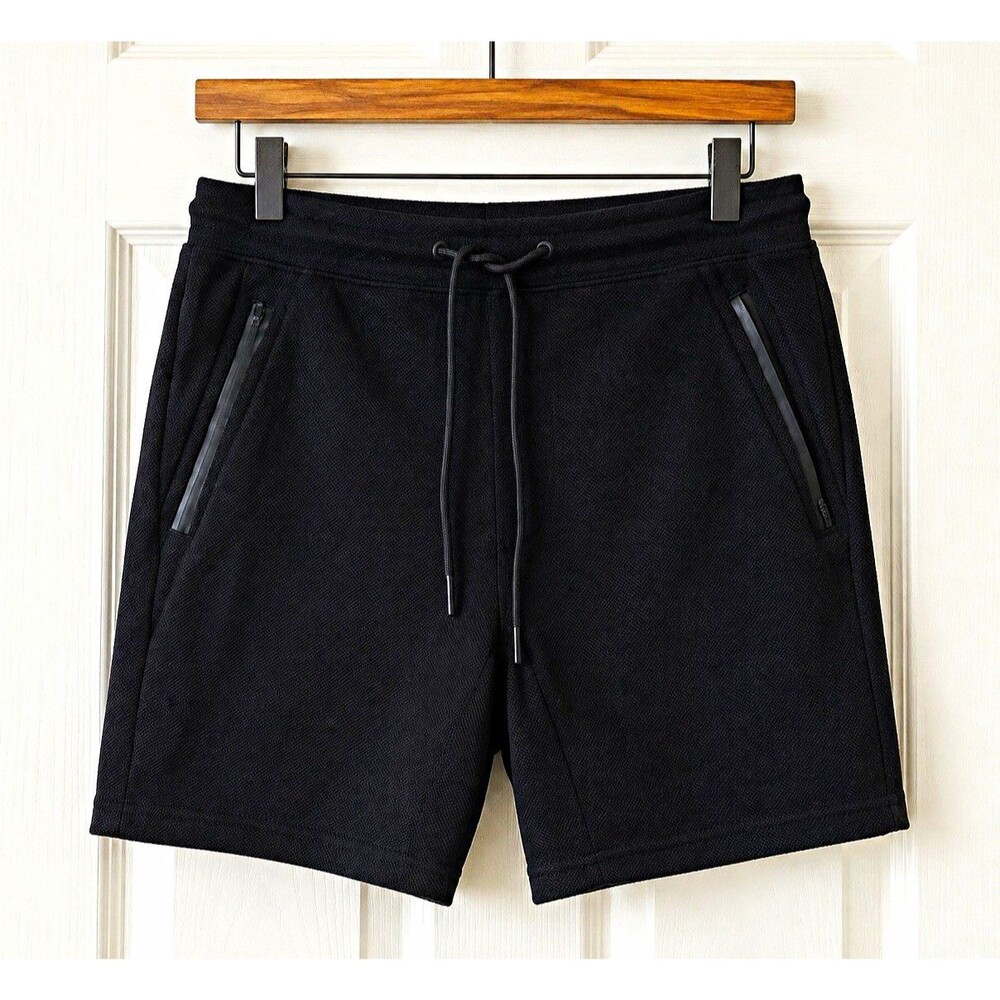 Pull&Bear Men’s Black Athletic Knit Shorts Drawstring Zipper Pockets